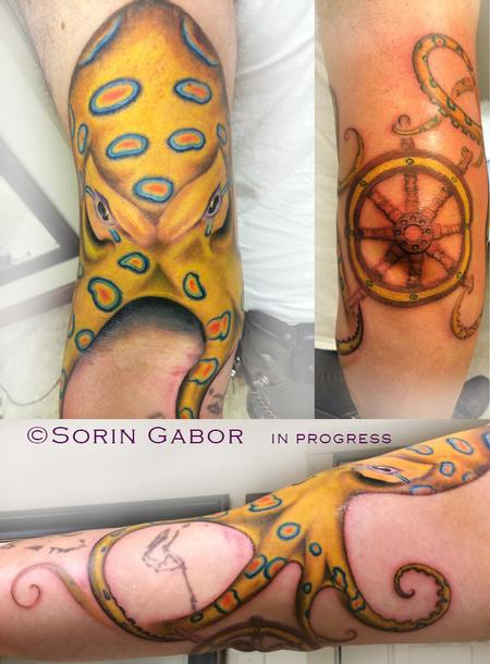Tattoos - Realistic color blue ring octopus tattoo with ship wheel - 112098